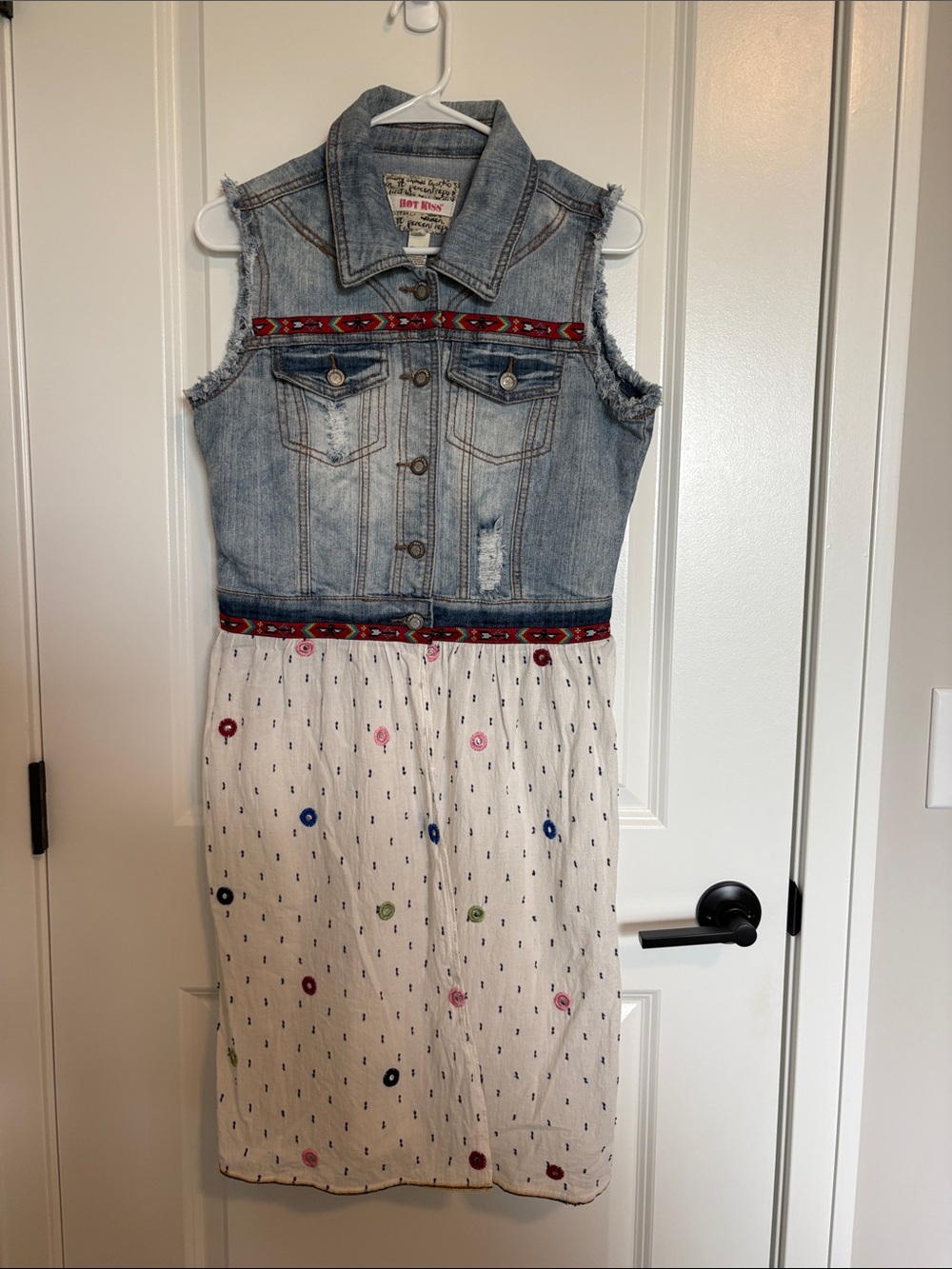 Handmade Denim Vest White Skirt Dress with Multicolor Embroidery